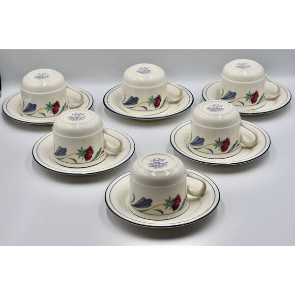 Y2K Coffee or Tea Flat Cup & Saucer 12pc Set Poppies On Blue by LENOX - Picture 8 of 12